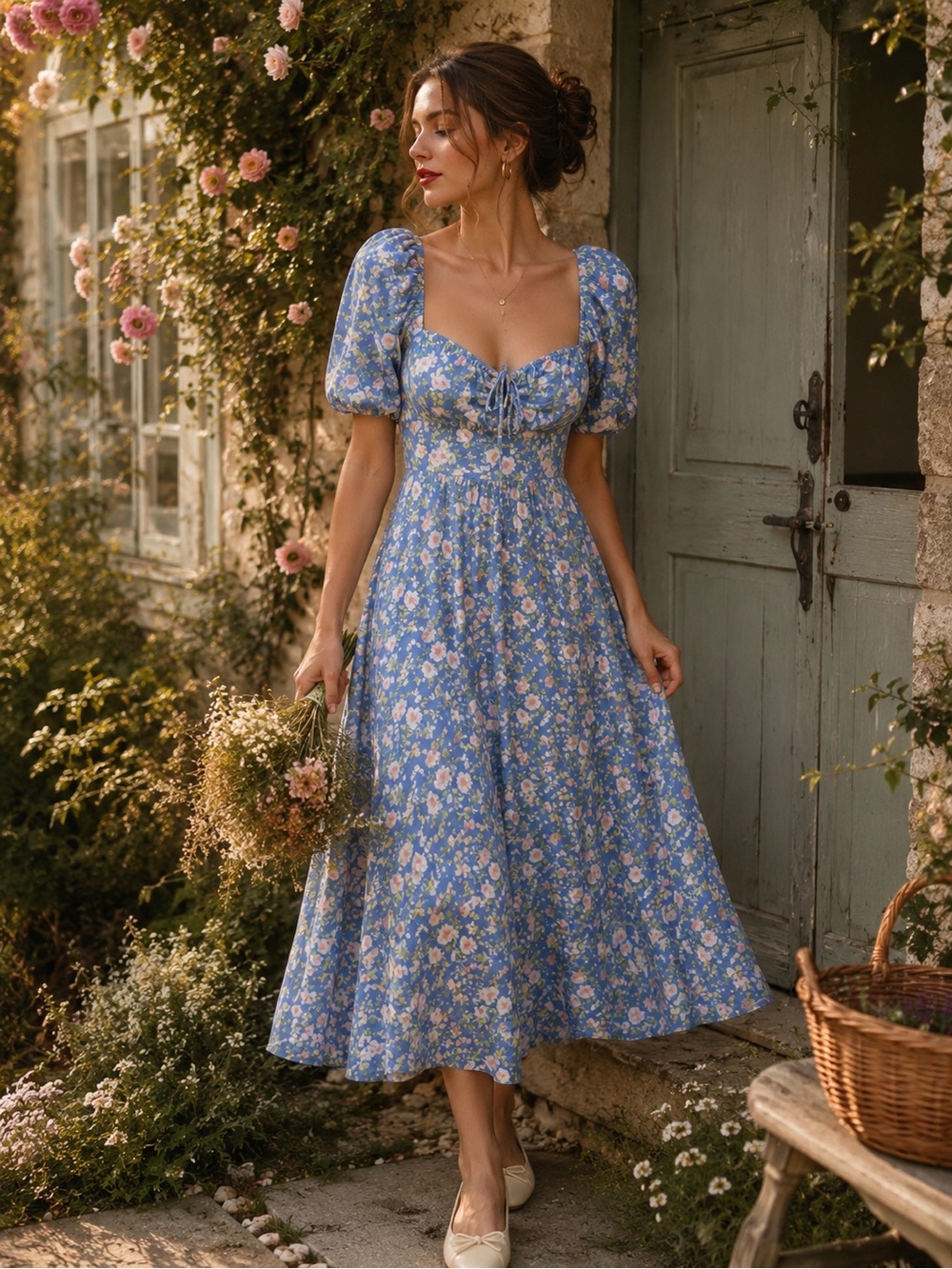 Forever 21 Blue Floral Puff-Sleeve Midi Dress